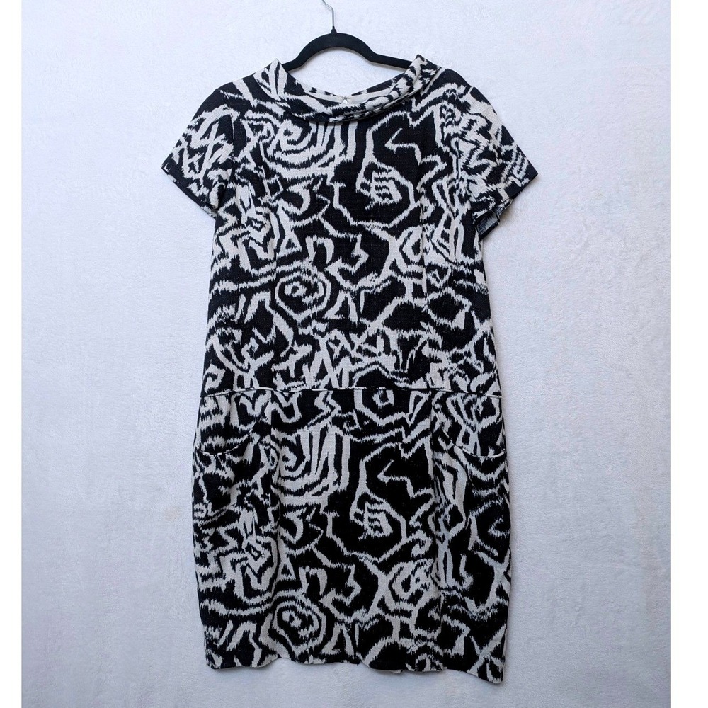 Pendleton Shift Dress Womens 14 Black White Abstract Ikat Cowl Neck Pockets